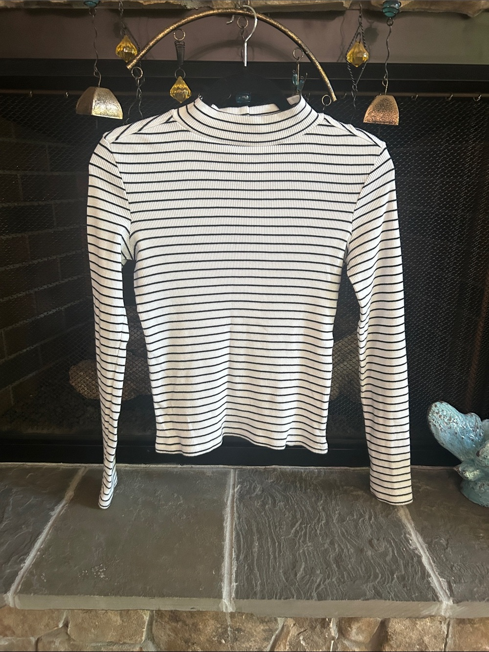 Pact Black and White Striped Mock-Neck Long Sleeve Tee